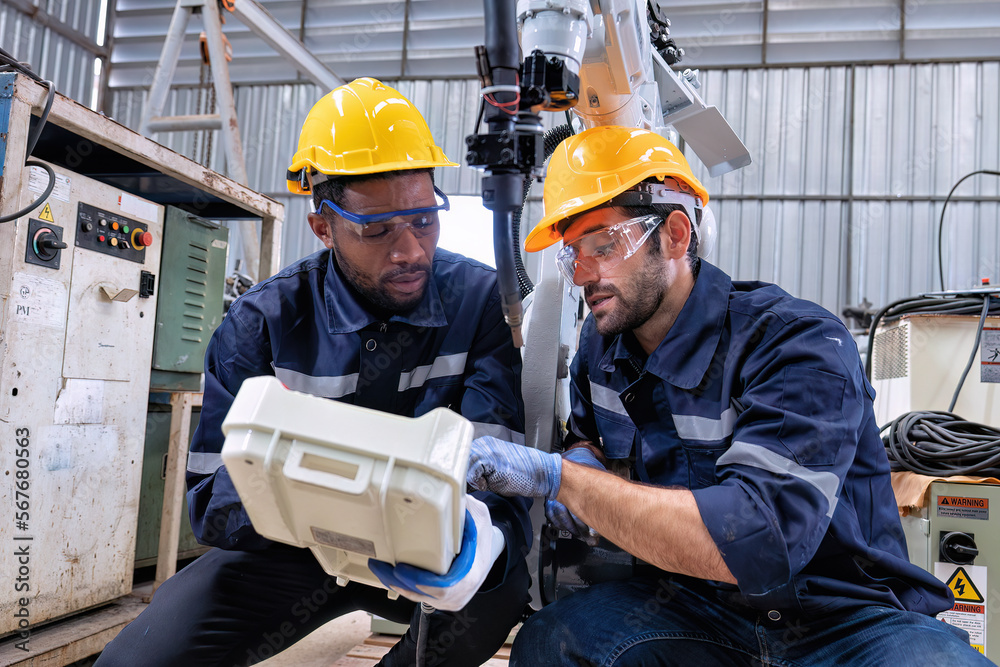 Maintenance engineer repair and programing robotic arm in factory Industry robot service shop Maintenance engineer repair and programing robotic arm in factory Industry robot service shop