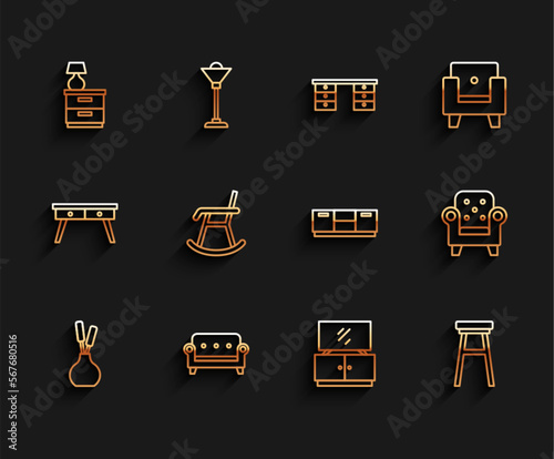 Set line Vase, Sofa, Furniture nightstand with lamp, TV table, Chair, Armchair, and icon. Vector