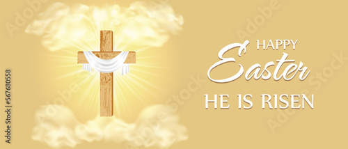 He is Risen. Happy Easter. Christian cross against the background of golden clouds and sunbeams from the rising sun. Easter rectangular background template. Vector illustration.