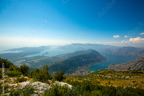 Panorama view of Boka Kotor bay, Kotor city, Tivat city, Adriatic sea
