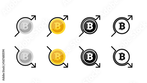 Bitcoin with arrow set icon. Stat, cripto wallet, infographic, accounting, money bag, coin, blockchain, internet, cloud storage features, online, exchange. Vector line icon on white background photo