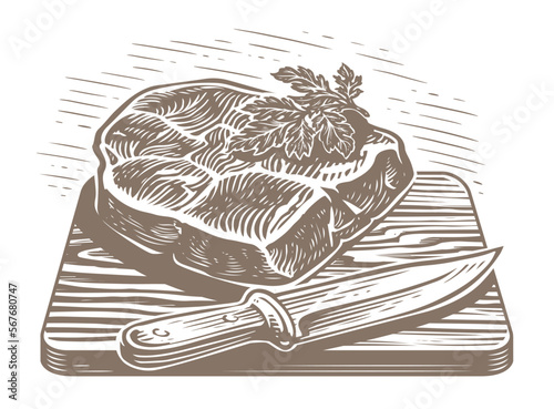 Hand drawn sliced grilled bull steak on wooden board with knife. Illustration for restaurant menu or butcher shop