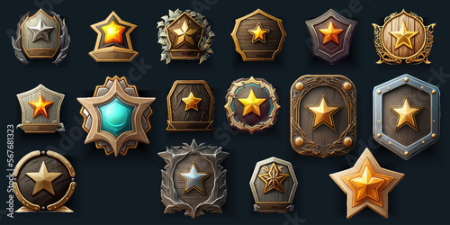 Ranking badges with star, shield and fantasy frame for game ui, gui design. A beautiful fantastic childrens play template isolated on background. Vector illustration