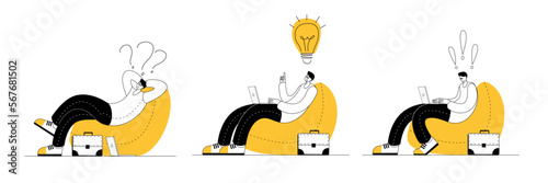 A thoughtful man with a laptop is sitting in a bag chair. An inspired man works hard with a laptop. Vector character in a flat style on the topic of remote employees and work from home.