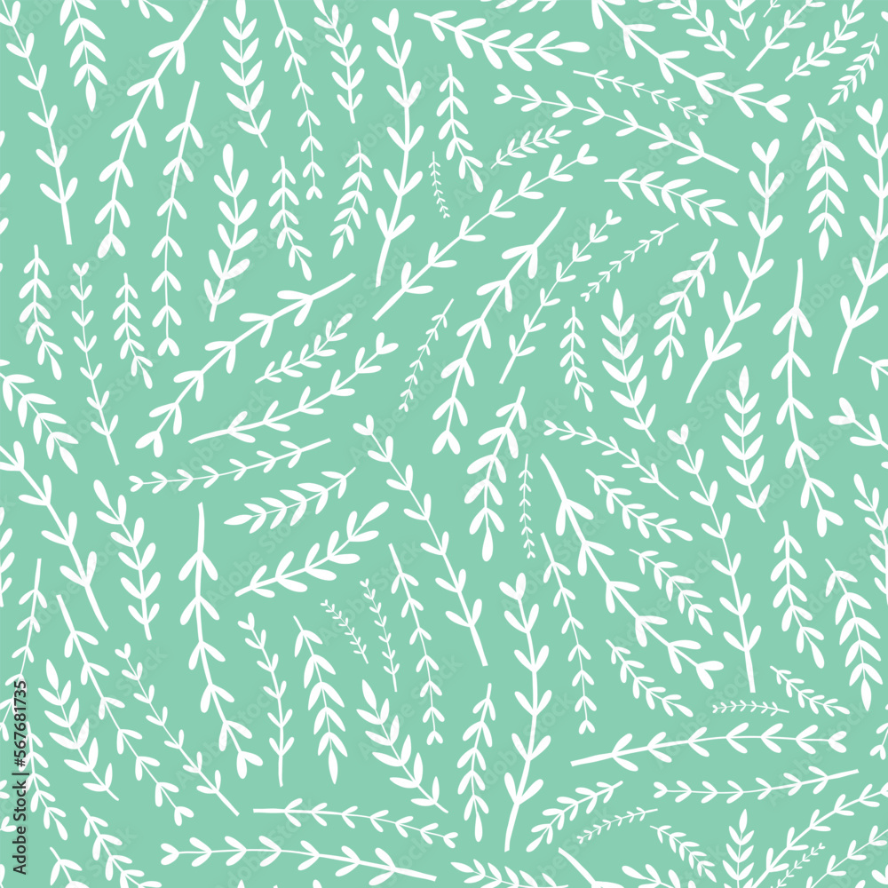 Floral seamless pattern with small tiny branches on mint background. Good for spring textile patterns, bedding, scrapbooking, stationary, wallpaper, wrapping paper and packaging. EPS 10