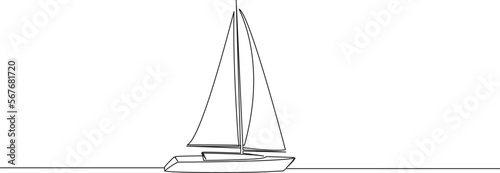 continuous single line drawing of sailboat on water, line art vector illustration