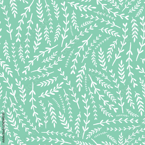 Floral seamless pattern with small tiny branches on mint background. Good for spring textile patterns, bedding, scrapbooking, stationary, wallpaper, wrapping paper and packaging. EPS 10