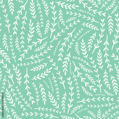 Floral seamless pattern with small tiny branches on mint background. Good for spring textile patterns, bedding, scrapbooking, stationary, wallpaper, wrapping paper and packaging. EPS 10