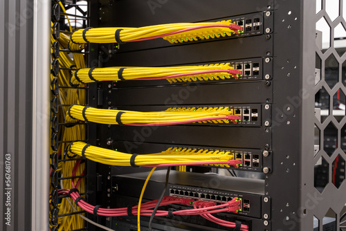 фотографія Close up on neat and tidy patched network cables, RJ45, connected to the switche