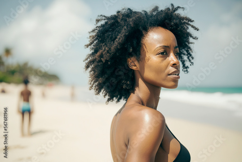 afro american woman on the beach in summer, ai generated