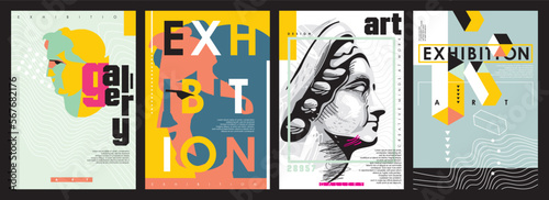Art gallery posters collection for artistic exhibition. Creative minimalist flyers and banners with antique statue drawings and vector illustrations. Graphic design templates.