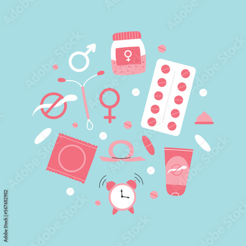 Types of contraception. Pills, calendar, patch, condom and coil. Vector illustration in a flat style. Poster with contraception.World contraception day. Methods of contraception.