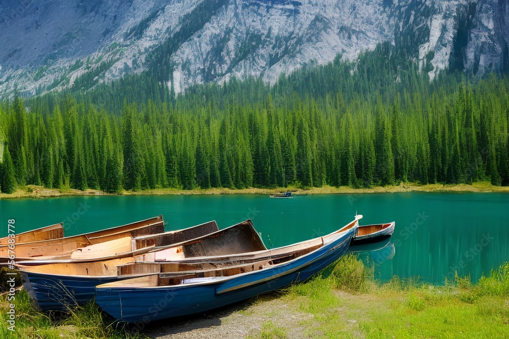 Beautiful lake in the mountains and wooden boats. Green pine forest and white cliffs - generative ai