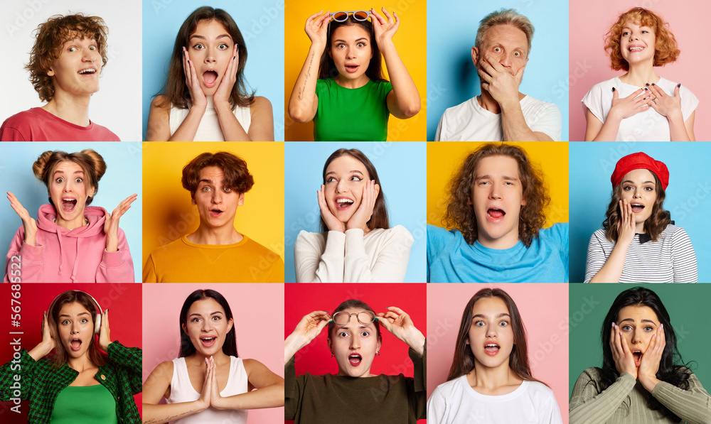 Collage made of many different people. Men and women posing with diverse emotions over multicolored studio background. Concept of human emotions, facial expression, youth, lifestyle. Collage made of many different people. Men and women posing with diverse emotions over multicolored studio background. Concept of human emotions, facial expression, youth, lifestyle.