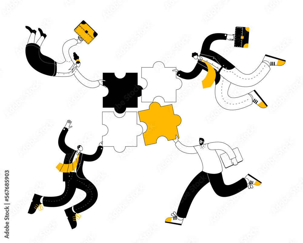Fototapeta premium The characters connect the pieces of the puzzle. The concept of a vector illustration in a flat style on the theme of connecting parts into a single whole.