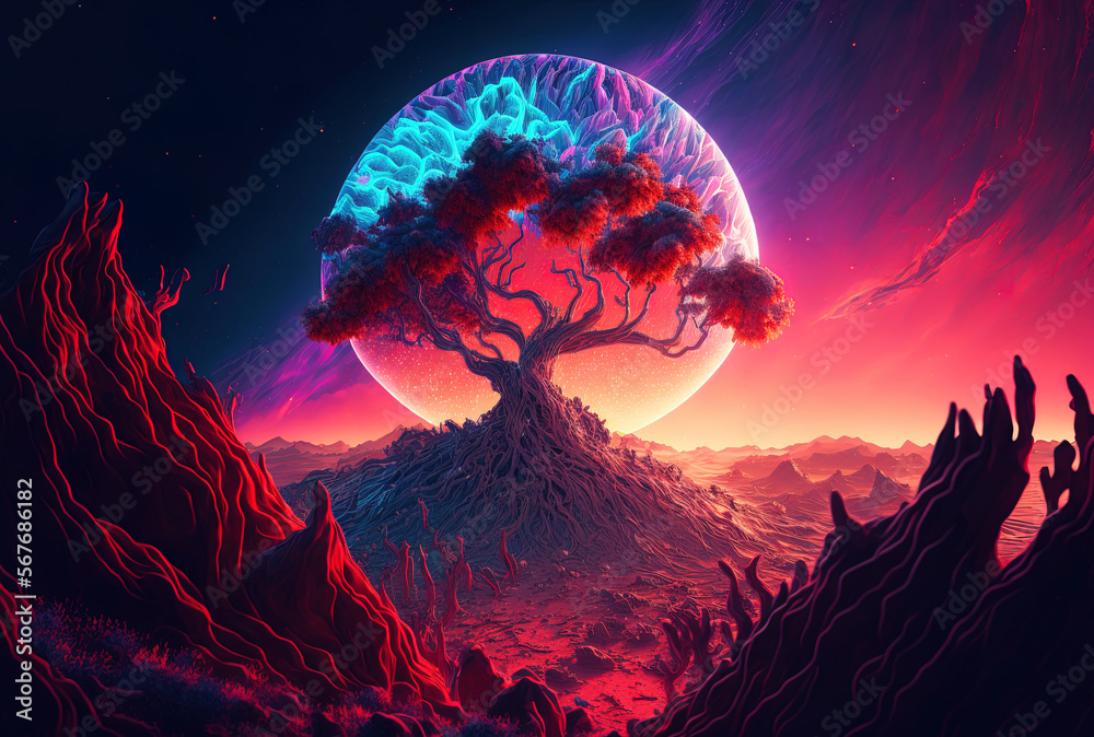 Last tree in the universe, alien and beautiful space landscape. Concept, focus on yourself, you may stand alone, but you are still here. Hold on. Generative AI