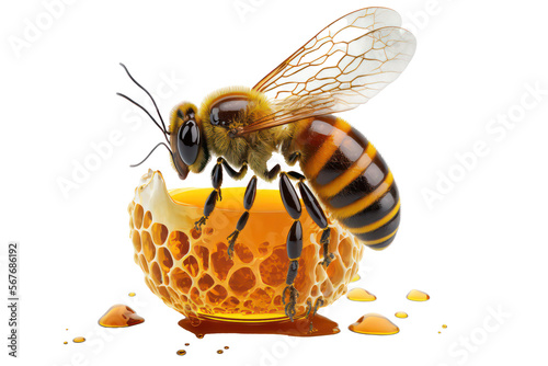 3d bee with juicy honey isolated on transparent background. Honeycomb with bee. Generative AI.