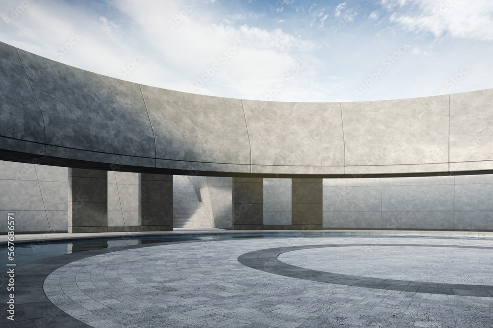 Empty curved concrete floor with water pool. 3d rendering of abstract space with blue sky background.