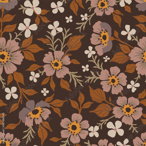 Large brown and light beige flowers with brown leaves on a brown background. Vintage flowers in autumn colors.