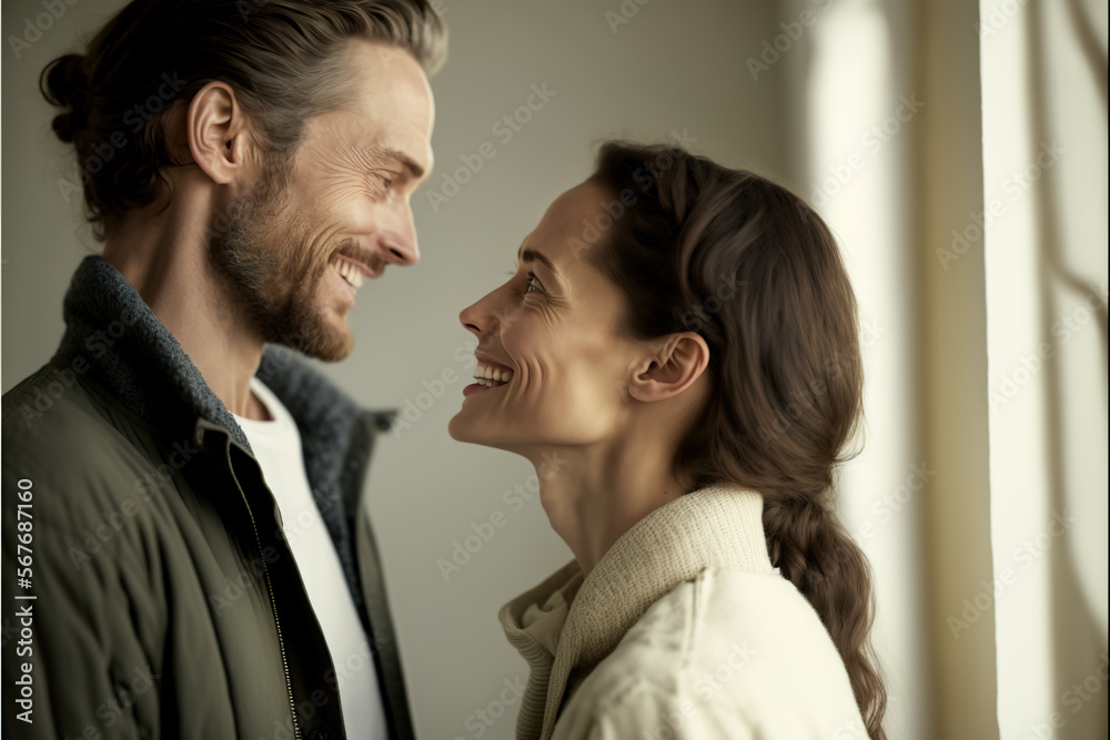 Adult couple looking at each other with love and smiling. IA generation Adult couple looking at each other with love and smiling. IA generation