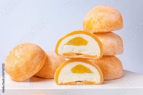 Delicious mochi on a white background, close-up. Traditional Japanese dessert
