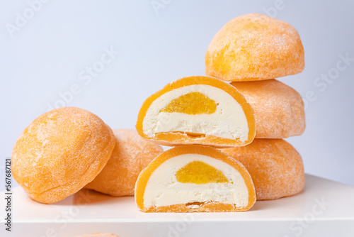 Delicious mochi on a white background, close-up. Traditional Japanese dessert
 photo