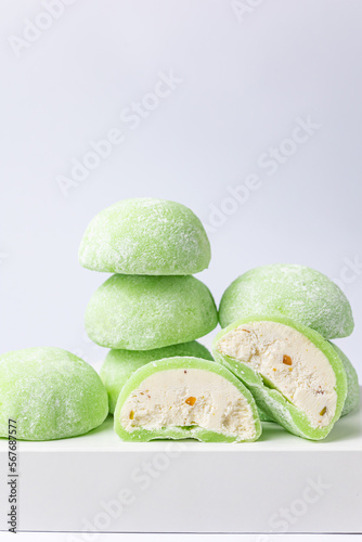 Delicious mochi on a white background, close-up. Traditional Japanese dessert
