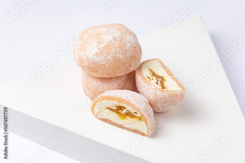 Delicious mochi on a white background, close-up. Traditional Japanese dessert
