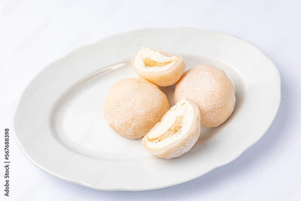 Delicious mochi on a white background, close-up. Traditional Japanese dessert
