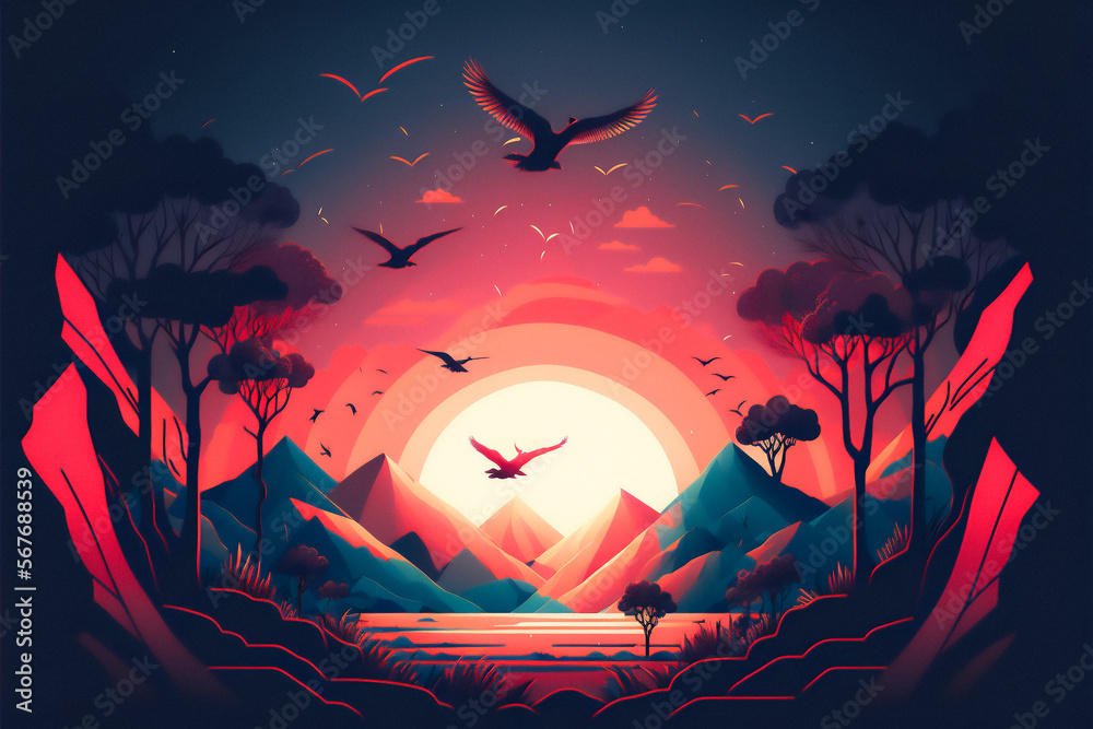 Abstract illustration background, colorful landscape, sunset and mountains. Generative AI