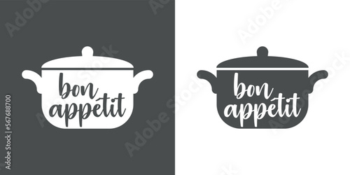 Logo restaurante. Letras de la palabra bon appetit con forma de silueta de olla con tapa. Texto manuscrito bon appetit