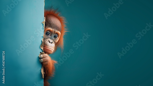 Photo A Portrait of an orangutan monkey hiding behind blue wall