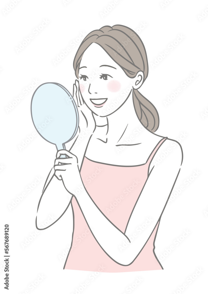 手鏡を見る笑顔の女性 美容イメージイラスト
