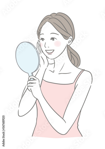 手鏡を見る笑顔の女性 美容イメージイラスト