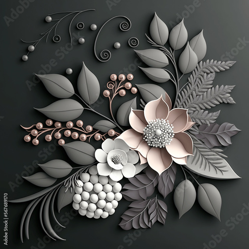 3d wallpaper flowers with leaves and pearl beads on a gray background
