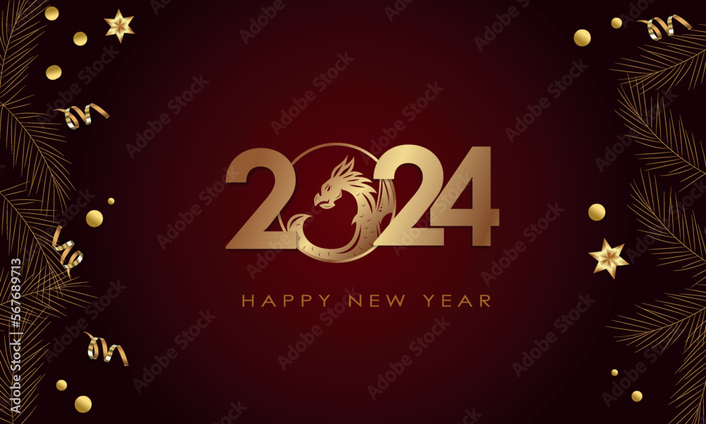 Naklejka premium Happy New Year 2024 Elegant gold text with balloons and confetti. Realistic vector illustration