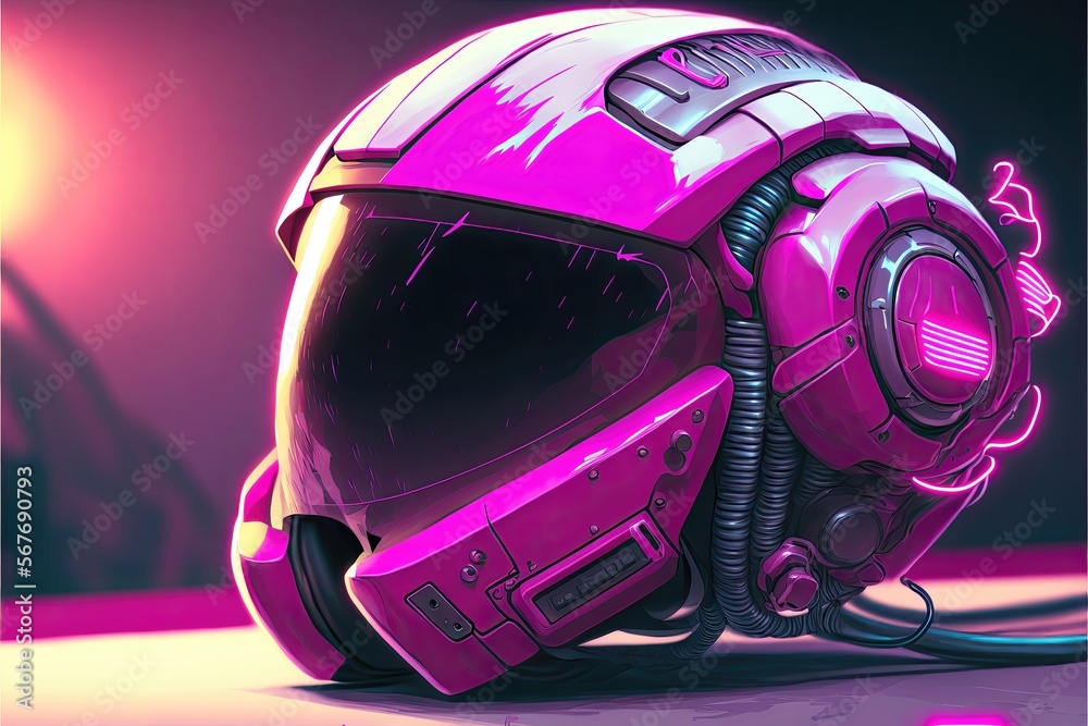 Fototapeta premium Futuristic VR helmet illuminated with bright pink light. Generative AI