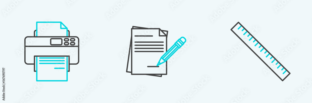 Set line Ruler, Printer and Blank notebook and pencil with eraser icon. Vector