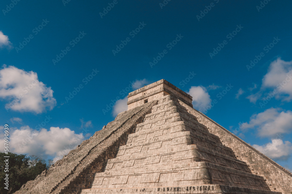 Ancient pre-Columbian Maya civilization Pyramid - Temple of Kukulcán in Chichen Itza, Mexico