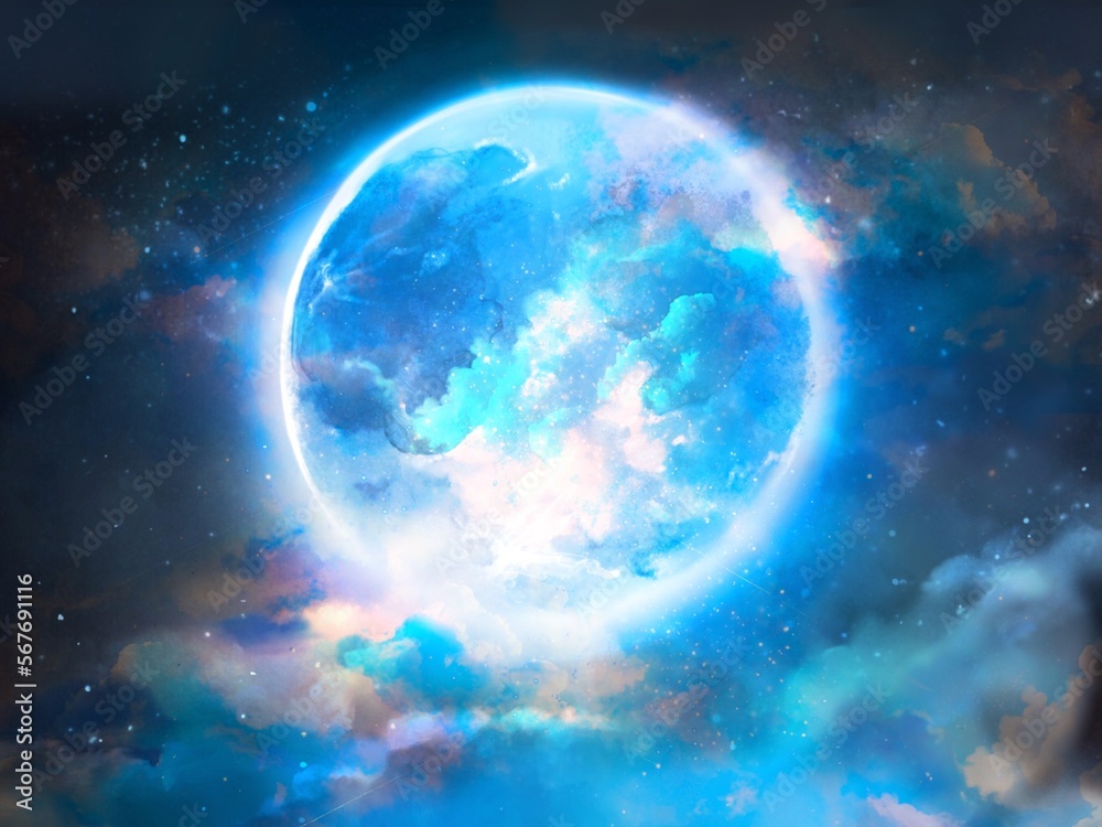 Obraz premium Fantasy background illustration of starry night sky and blue full moon