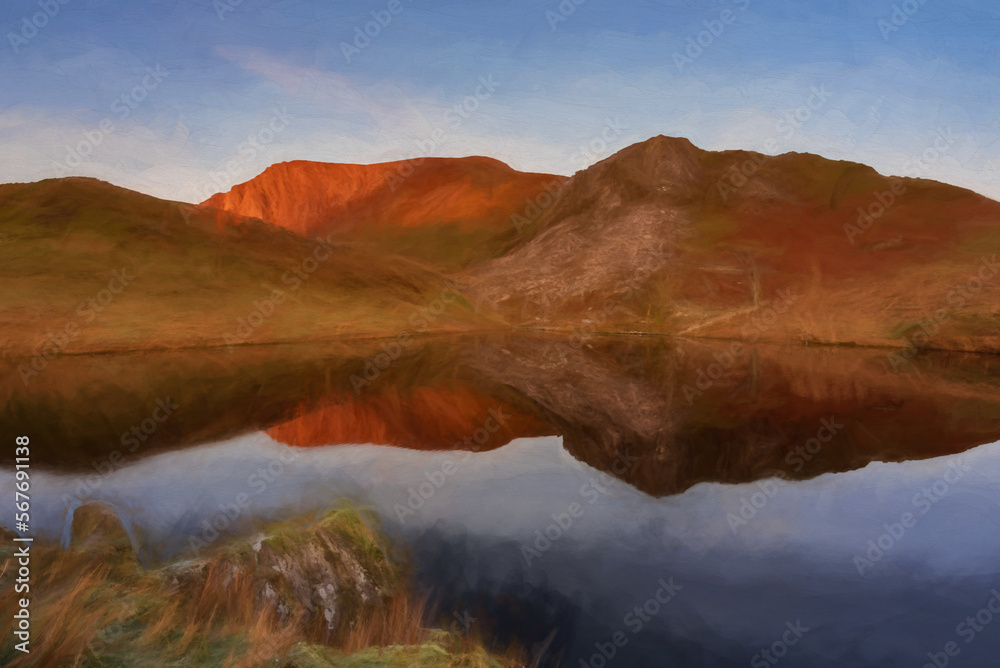 Digital painting of Bryn Gwyn, and Clogwyngarreg in the Snowdonia National Park, Wales.