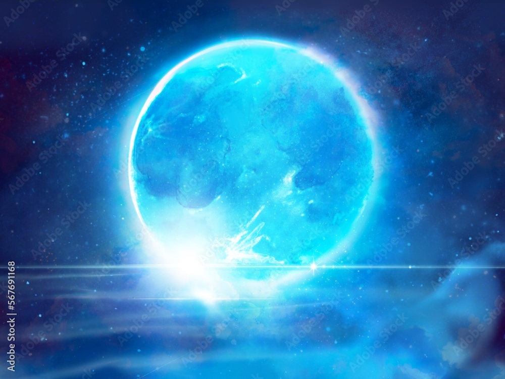 Fantasy background illustration of big blue mysterious full moon setting in lapping waves