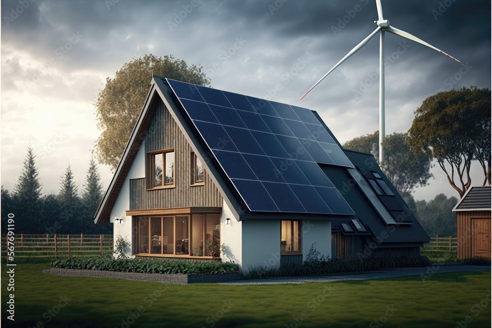 A residential house with solar panels on its roof and wind turbines. Generative AI A residential house with solar panels on its roof and wind turbines. Generative AI