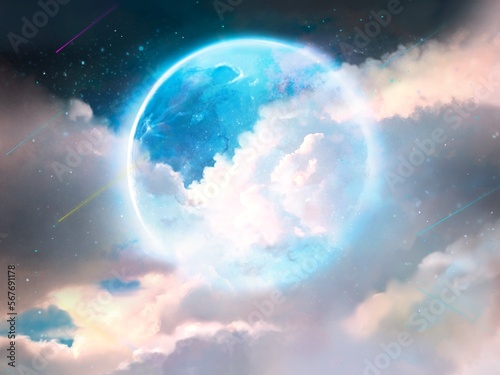 Fantasy background illustration of starry night sky and blue full moon
