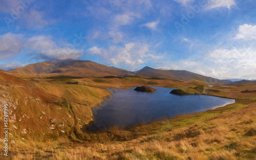 Digital painting of Llyn y Dywarchen, and Snowdon in the Snowdonia National Park, Wales. © Rob Thorley