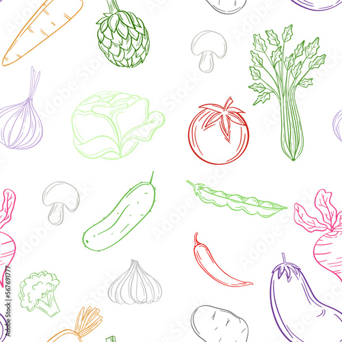 Vintage vegetables seamless pattern. Line art.