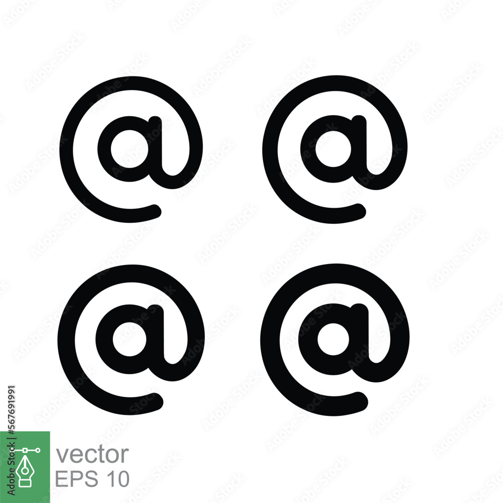 Arroba sign icon set. Email address symbol concept with different line thickness styles. Vector illustration design collection isolated on white background. EPS 10. Arroba sign icon set. Email address symbol concept with different line thickness styles. Vector illustration design collection isolated on white background. EPS 10.