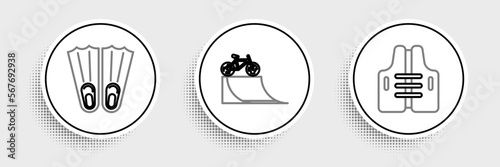 Set line Life jacket, Rubber flippers for swimming and Bicycle on street ramp icon. Vector