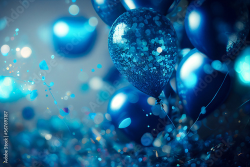Holiday's blue background with deep blue balloons, confetti, sparkles, lights. Anniversary. Banner for birthday, party, Christmas, New Year, promotion social media cover. Generative Ai. © Inai