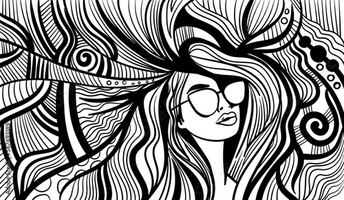 Black and white psychedelic line art with the abstract woman. Doodles and lines abstract hand-drawn vector art.